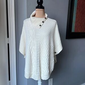 Talbots Cream Cable Knit Poncho with Buttoned Collar